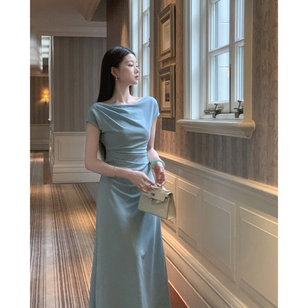 Váy dài dự tiệc Harper by Oni cổ thuyền ly vai dáng A dài thanh lịch xinh xắn, xếp ly eo che bụng, mặc ăn cưới, đi chơi