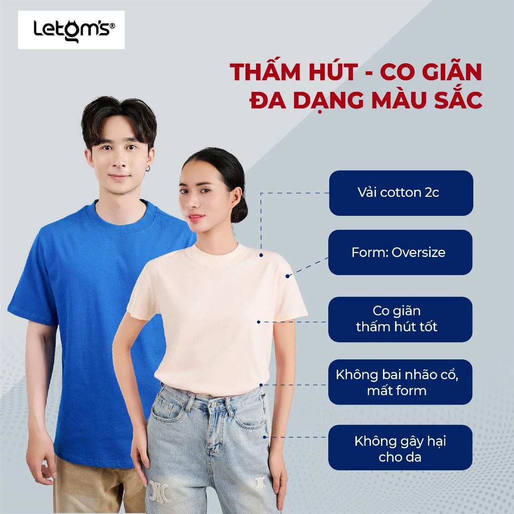 Áo thun Nam Form Rộng Oversize LeTom's Cotton, Tay Lỡ, Dày 250-280GSM, Bo Cổ 3cm, Nhiều Màu Hot