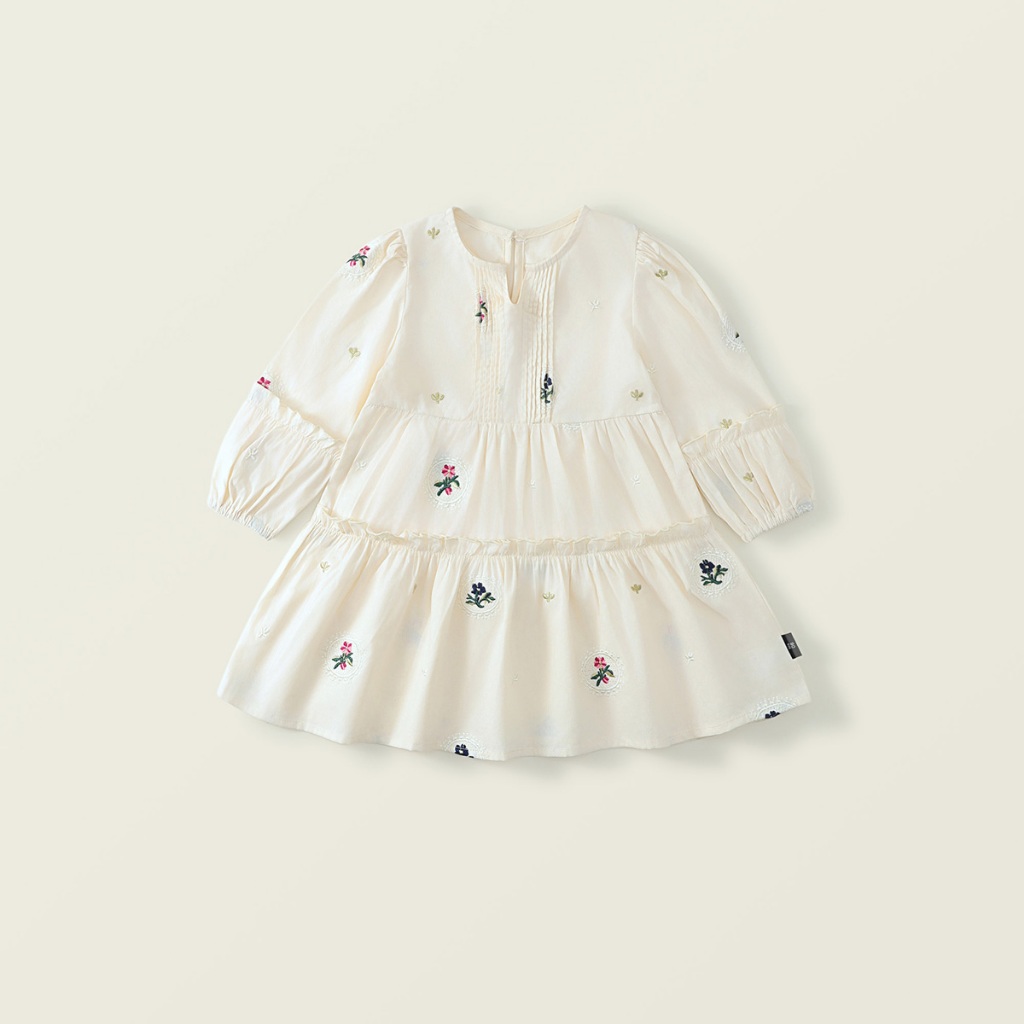 Váy Cho Bé Gái HANIA KIDS, Váy Babydoll Thêu Hoa Nhí Tay Bo Chất Liệu An Toàn Với Da Bé