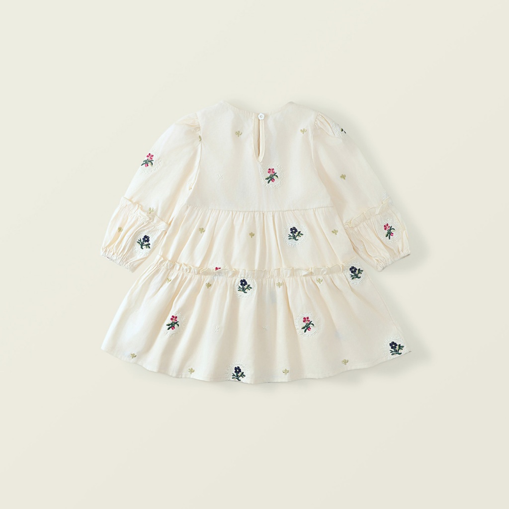 Váy Cho Bé Gái HANIA KIDS, Váy Babydoll Thêu Hoa Nhí Tay Bo Chất Liệu An Toàn Với Da Bé