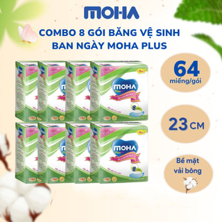 Combo 8 gói băng vệ sinh MOHA Plus loại ban ngày có cánh và không cánh, hộp 8 miếng an toàn cho da
