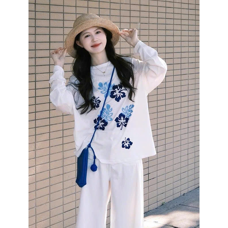 Áo thun nữ tay dài in hình lá xanh JULY FASHION, Áo thun nữ dài tay chất thun xượt mềm mại,