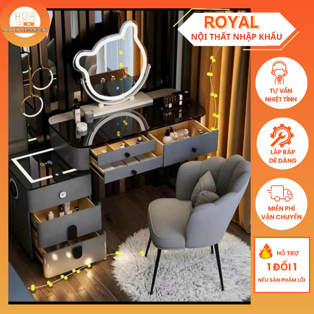 Bàn Trang Điểm BN1 Bàn Makeup ROYAL Mặt Kính Trắng Đen, Gương LED Cảm Ứng 3 Màu Khác Nhau, Tặng Ghế Hoa Sen Cao Cấp