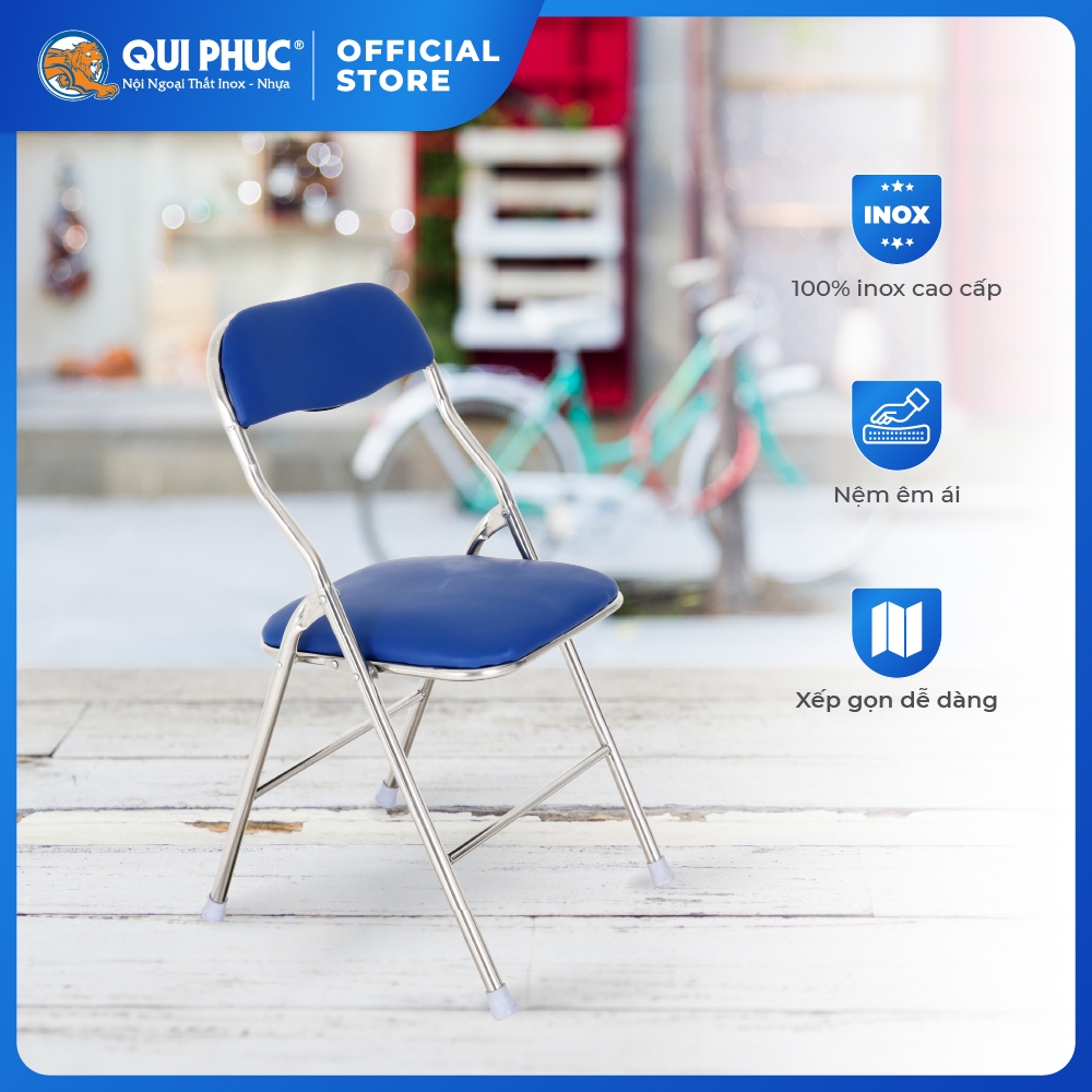 Ghế văn phòng QUI PHÚC, nệm ngồi, tựa lưng thoải mái, khung inox bền chắc, gấp gọn tiện lợi