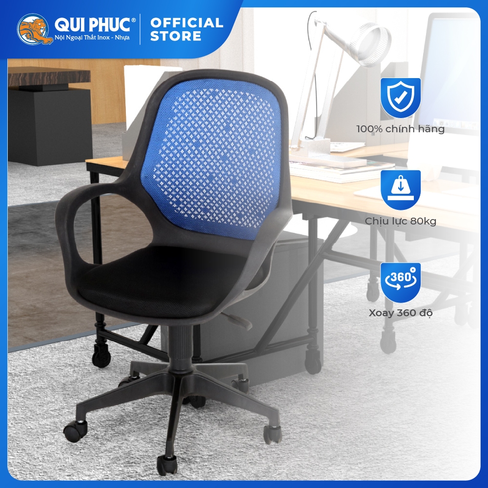 Ghế văn phòng Dona QUI PHÚC, lưng lưới, dễ lắp đặt, chắc chắn, bền bỉ, chân xoay 360 độ, linh hoạt