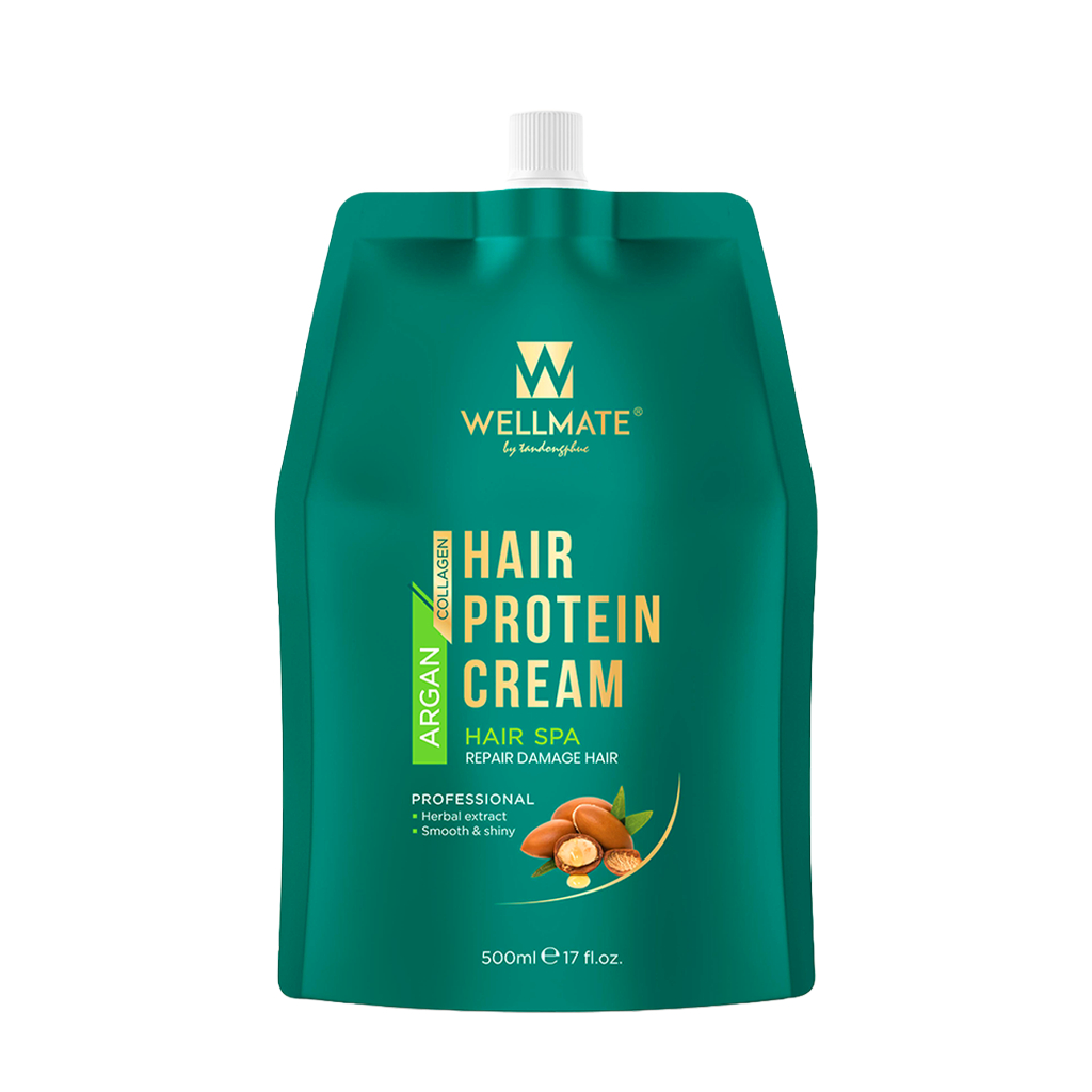 Kem ủ tóc phục hồi hư tổn Argan Wellmate giảm khô xơ gãy rụng bảo vệ tóc khỏi nhiệt túi 500ml
