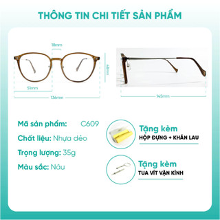 Gọng kính tròn chất liệu nhựa dẻo KAO PLUS C609 thanh mảnh tinh tế nam nữ nhiều màu sắc