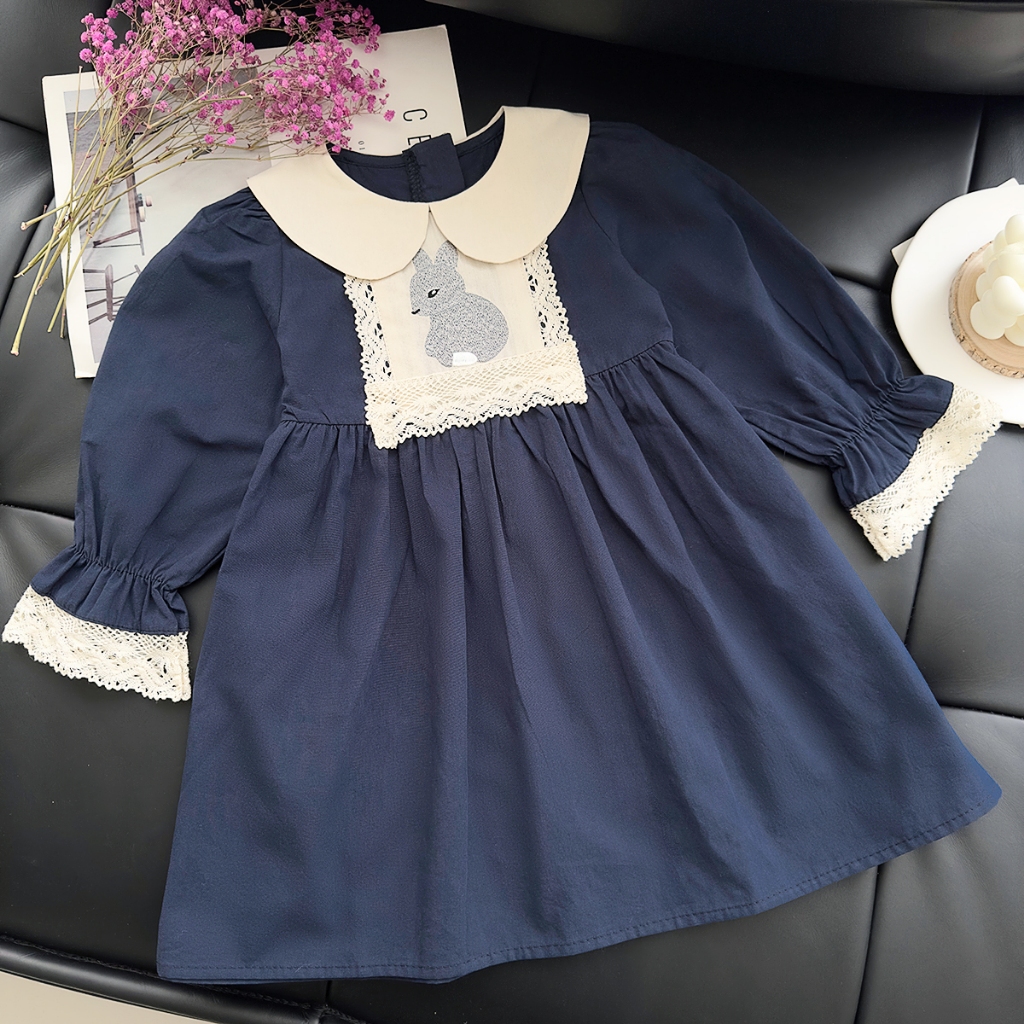 Váy Cho Bé Gái HANIA KIDS Váy Dài Tay Cổ Tròn Phối Ren Thêu Hình Thỏ Đáng Yêu chất liệu mềm mại