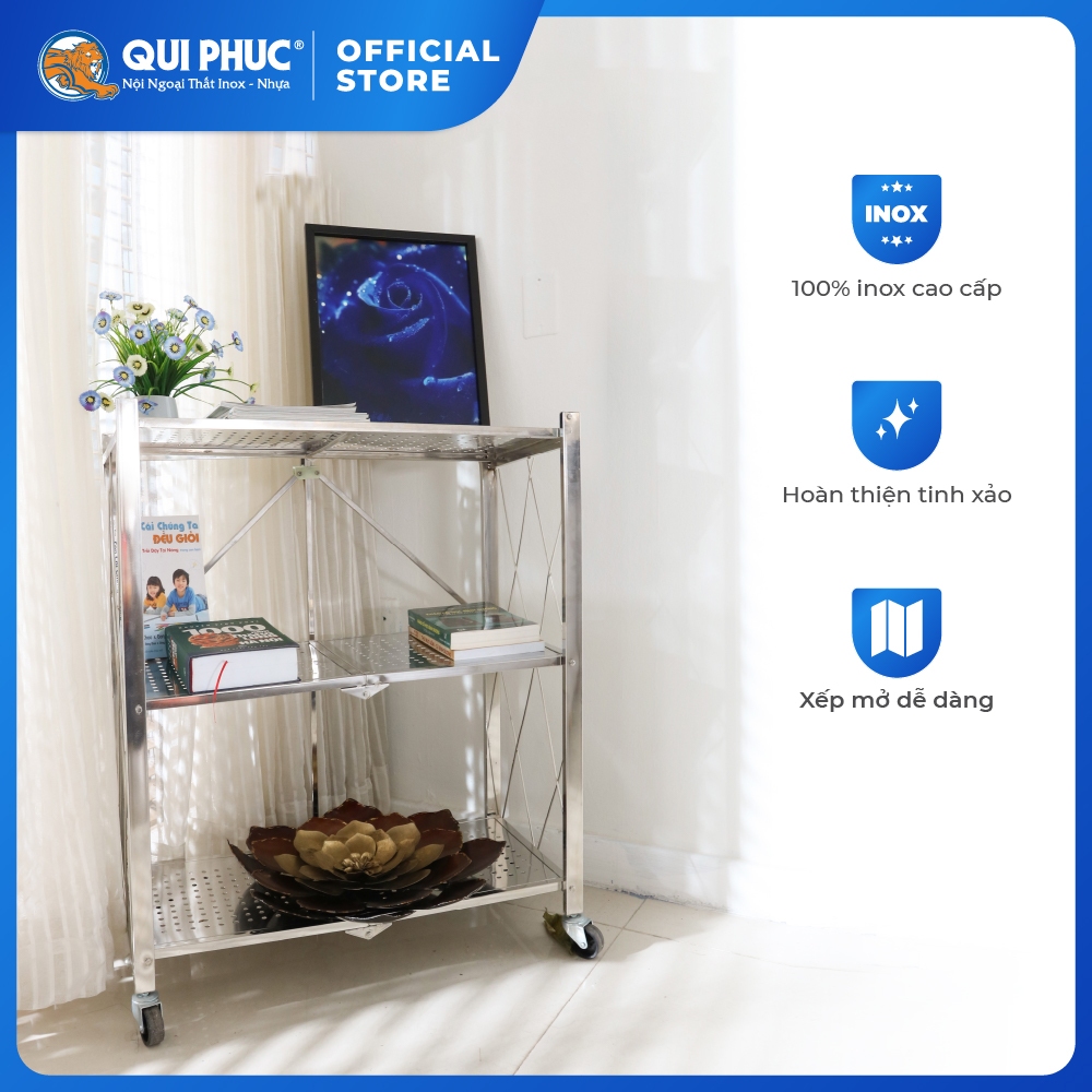 Kệ inox đa năng gấp gọn Ohawa 3 tầng QUI PHÚC, inox sáng bóng, tiện lợi, chân có bánh xe di chuyển