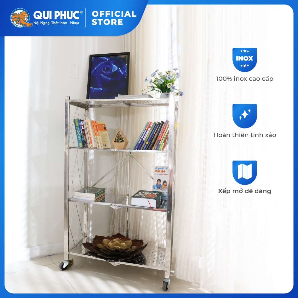 Kệ inox đa năng gấp gọn Ohawa 4 tầng QUI PHÚC, inox sáng bóng, tiện lợi, chân có bánh xe di chuyển