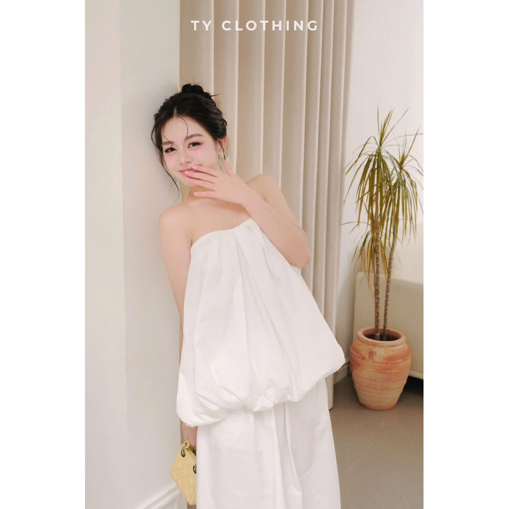 Set Áo Quây Phồng Cv Dài - Hàng Thiết Kế - Màu Trắng Tinh và Màu Xanh - TY CLOTHING