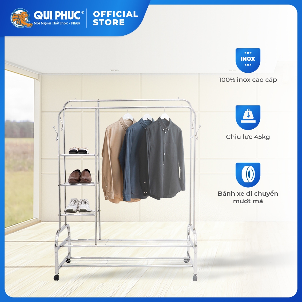 Sào phơi quần áo Dona Smart QUI PHÚC, inox 201 cao cấp, chống gỉ sét, bền chắc, chân có bánh xe