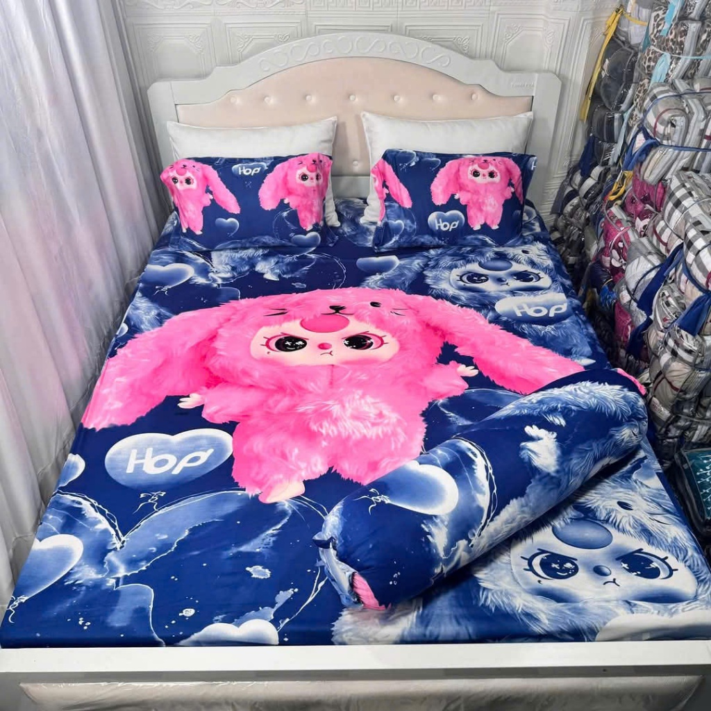 Bộ ga thun hàn quốc mẫu HOẠT HÌNH, CÓ VỎ ÔM KHÓA KÉO, chất mát, không xù HOANGHABEDDING OKK