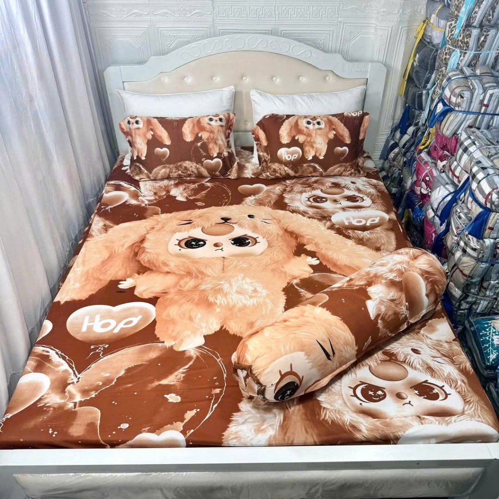 Bộ ga thun hàn quốc mẫu HOẠT HÌNH, CÓ VỎ ÔM KHÓA KÉO, chất mát, không xù HOANGHABEDDING OKK