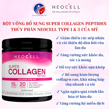 Bột Uống Bổ Sung Collagen Thủy Phân Super Collagen Peptides Neocell Type 1 & 3 Của Mỹ (Mẫu mới)