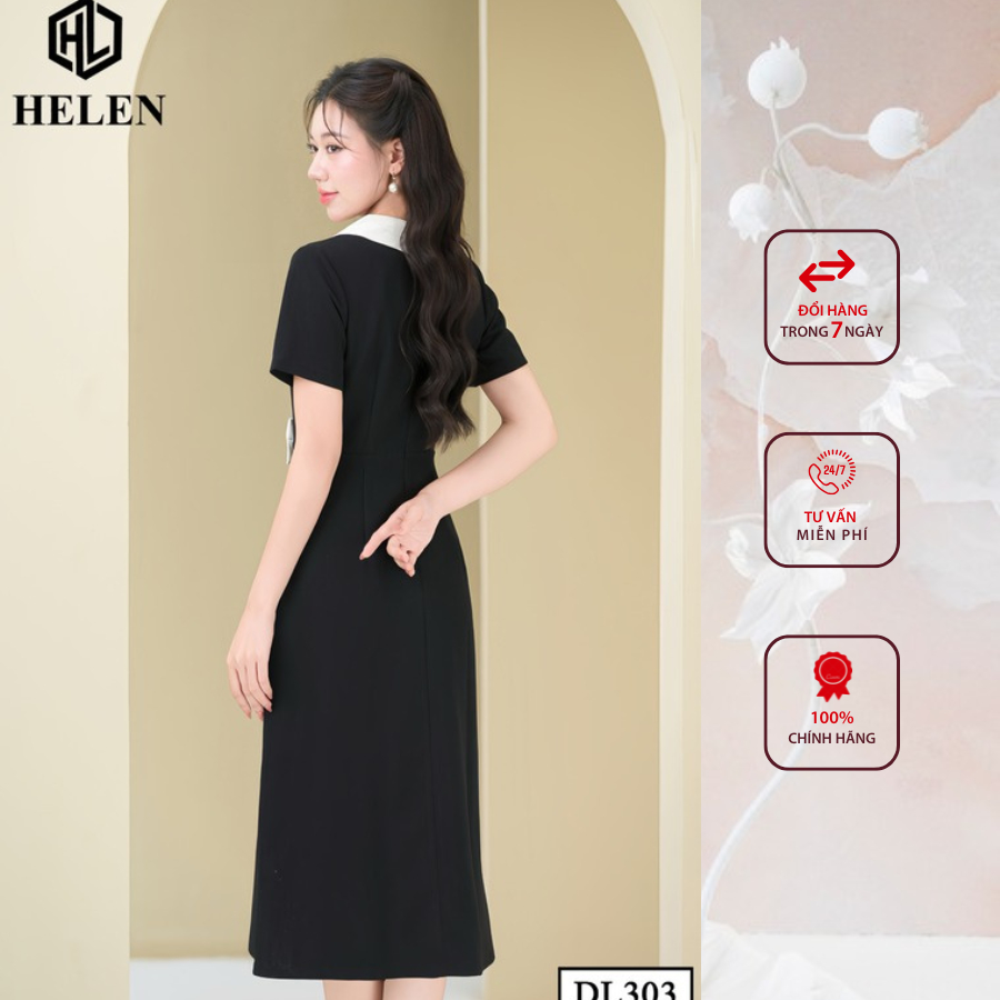 Đầm công sở HELEN thiết kế dáng Xòe A màu đen phối ngực kem nơ eo DL303