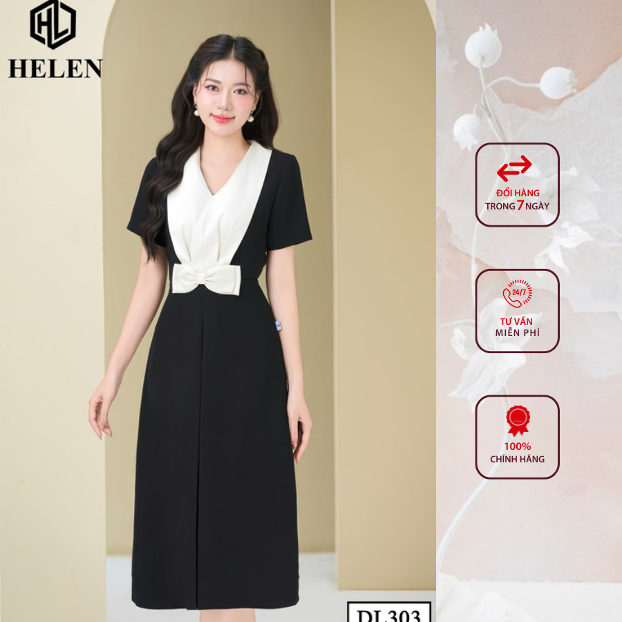 Đầm công sở HELEN thiết kế dáng Xòe A màu đen phối ngực kem nơ eo DL303