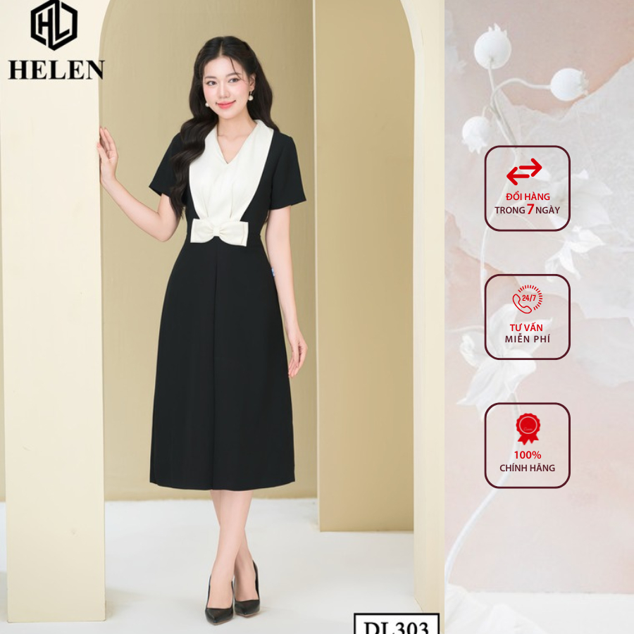 Đầm công sở HELEN thiết kế dáng Xòe A màu đen phối ngực kem nơ eo DL303