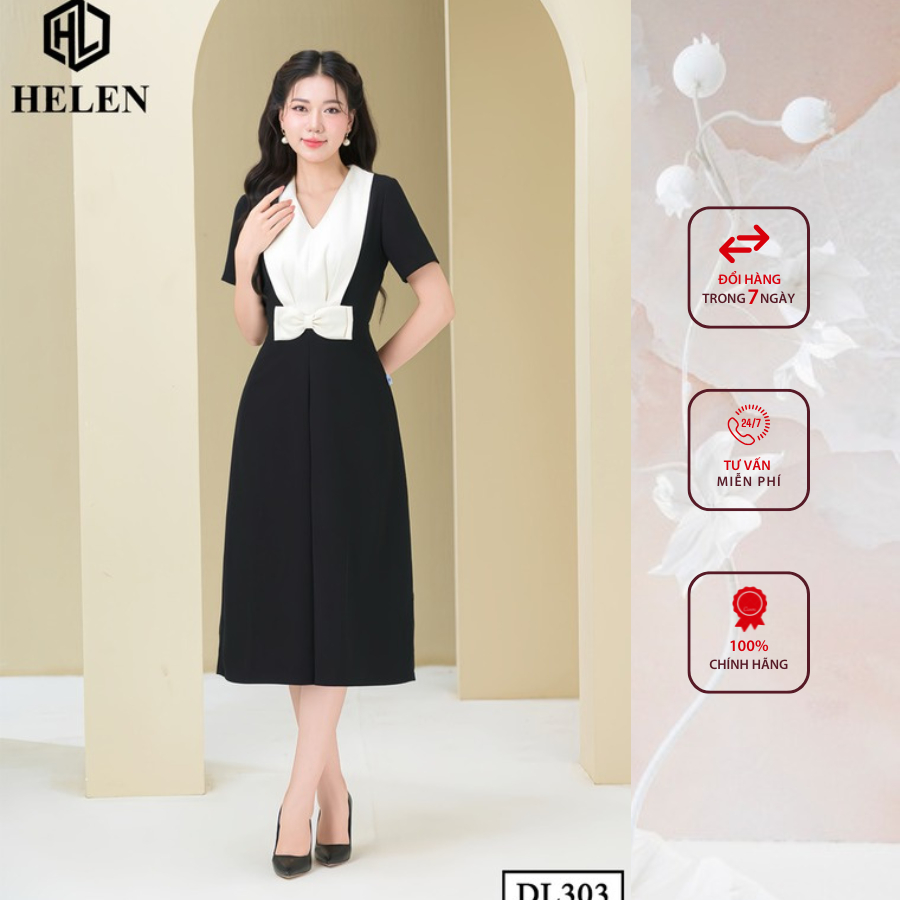 Đầm công sở HELEN thiết kế dáng Xòe A màu đen phối ngực kem nơ eo DL303