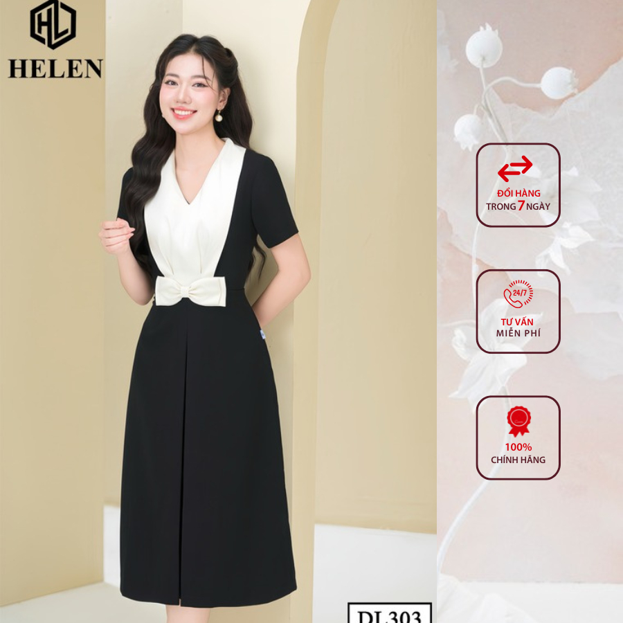 Đầm công sở HELEN thiết kế dáng Xòe A màu đen phối ngực kem nơ eo DL303