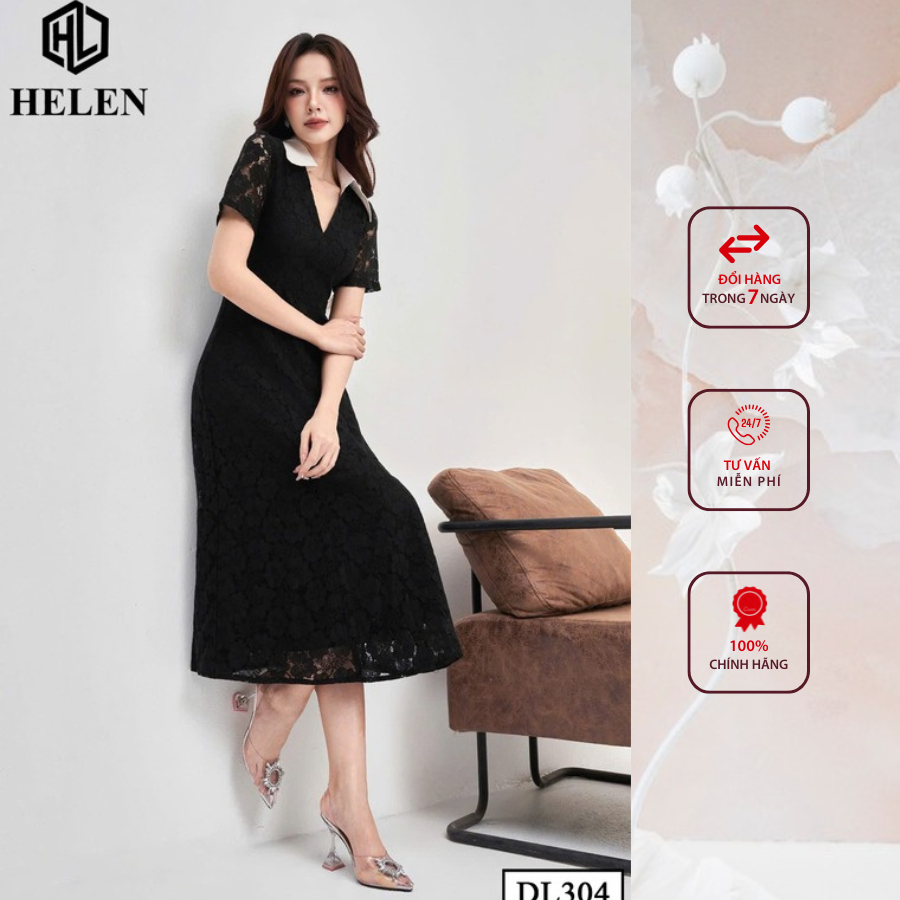 Đầm công sở HELEN thiết kế dáng xòe Ren màu đen phối cổ trắng DL304