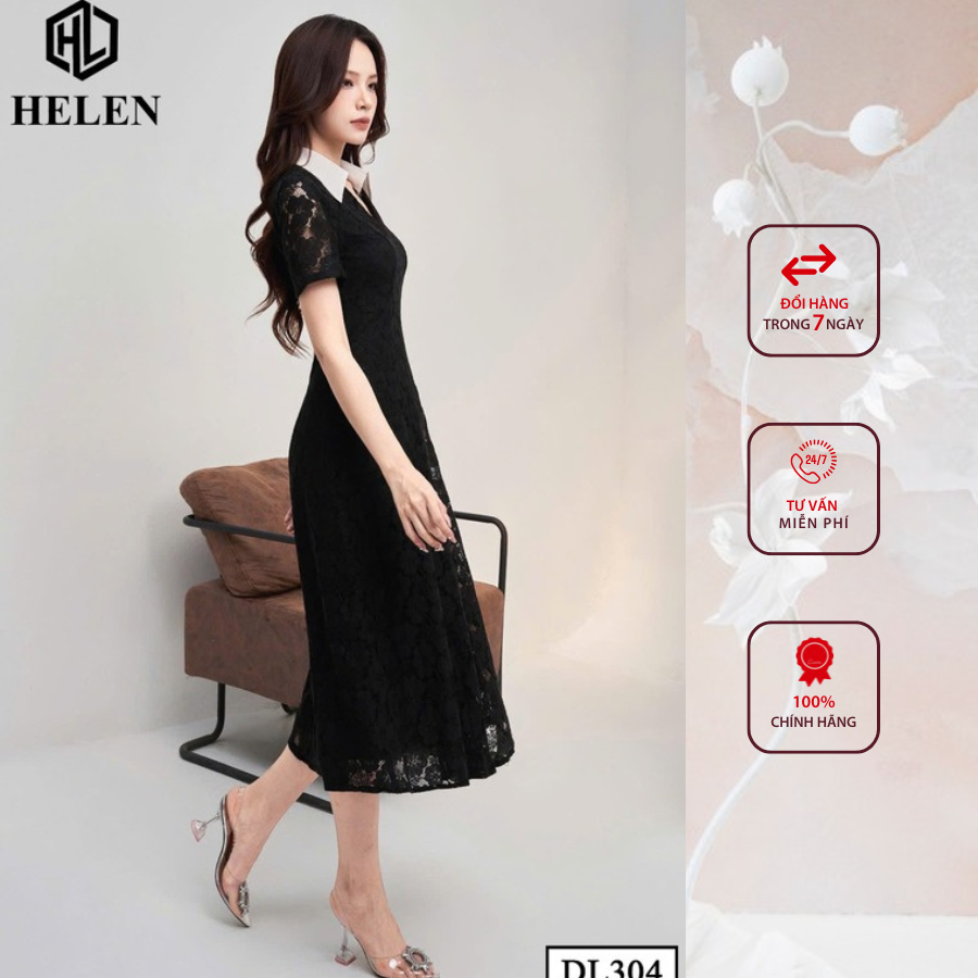Đầm công sở HELEN thiết kế dáng xòe Ren màu đen phối cổ trắng DL304