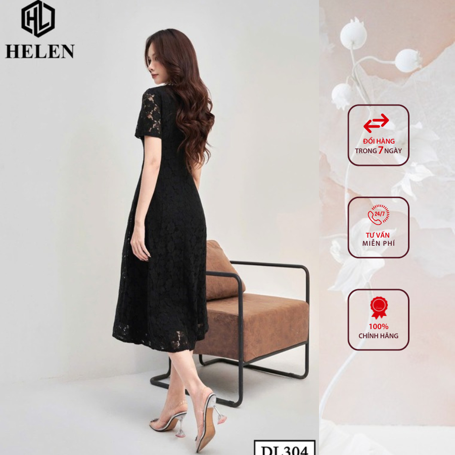 Đầm công sở HELEN thiết kế dáng xòe Ren màu đen phối cổ trắng DL304