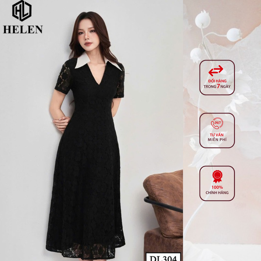Đầm công sở HELEN thiết kế dáng xòe Ren màu đen phối cổ trắng DL304