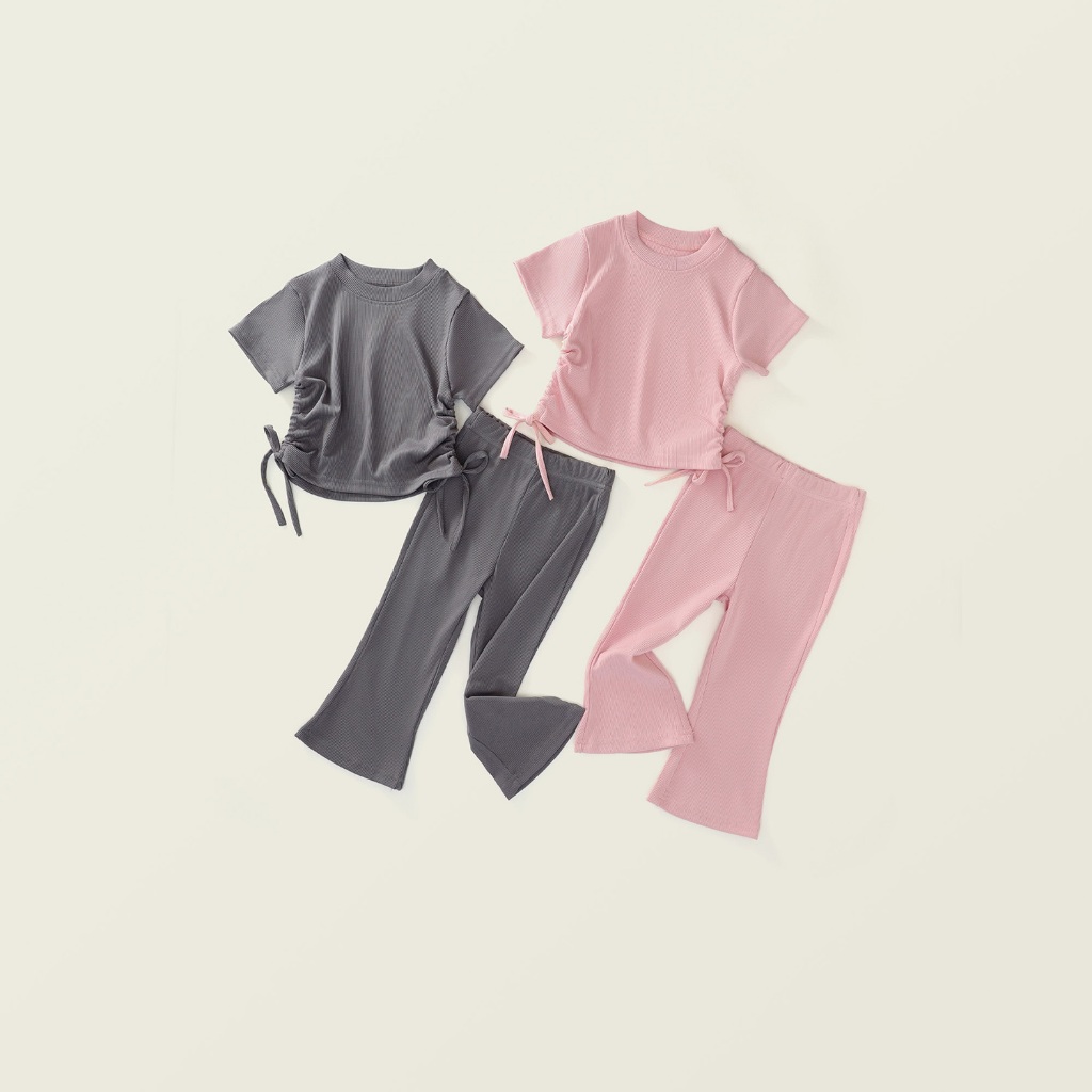 Set Đồ Bé Gái, Đồ Bộ Bé Gái Thiết Kế Áo Nhún Eo Kèm Quần Ống Loe Chất Liệu Thun Tăm Mềm Mại