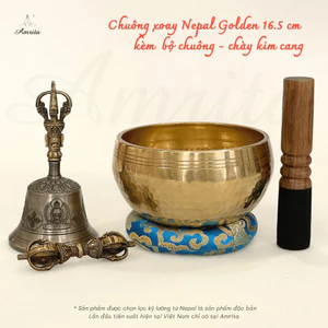 Chuông xoay Nepal Golden 16.5 cm kèm bộ chuông - chày kim cang - CXNP100