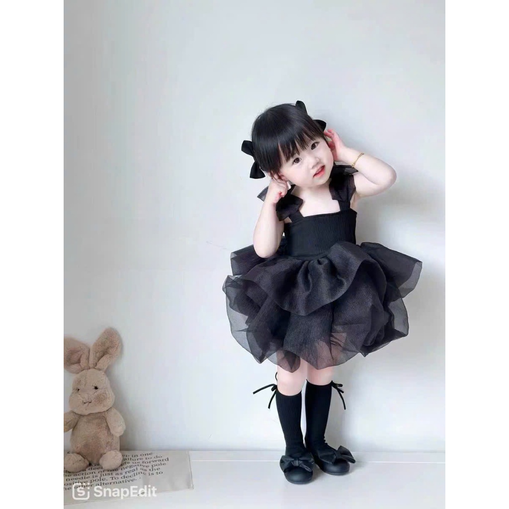 Váy công chúa ren tầng thiết kế tiểu thư sang trọng màu đen huyền bí, váy dự tiệc, váy đi chơi cho bé gái