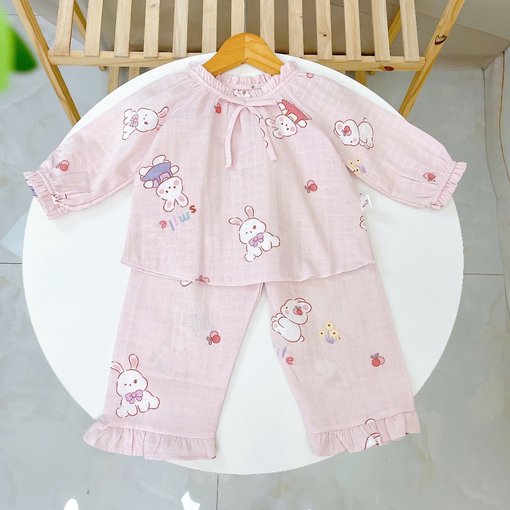 Bộ dài tay bé gái xô cotton Lá Homewear A313, pijama trẻ em gái mặc ngủ thoáng mát babydoll cổ chun