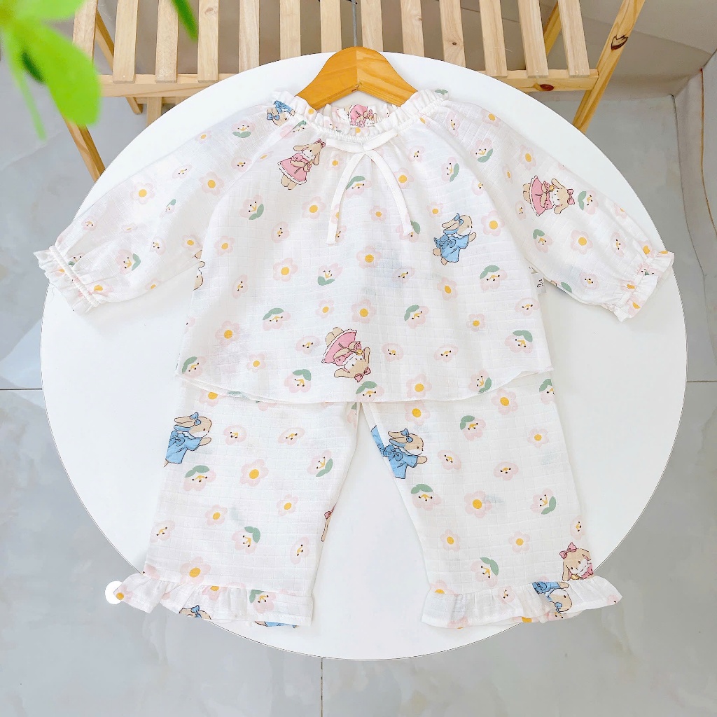 Bộ dài tay bé gái xô cotton Lá Homewear A313, pijama trẻ em gái mặc ngủ thoáng mát babydoll cổ chun