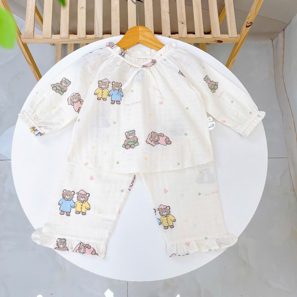Bộ dài tay bé gái xô cotton Lá Homewear A313, pijama trẻ em gái mặc ngủ thoáng mát babydoll cổ chun