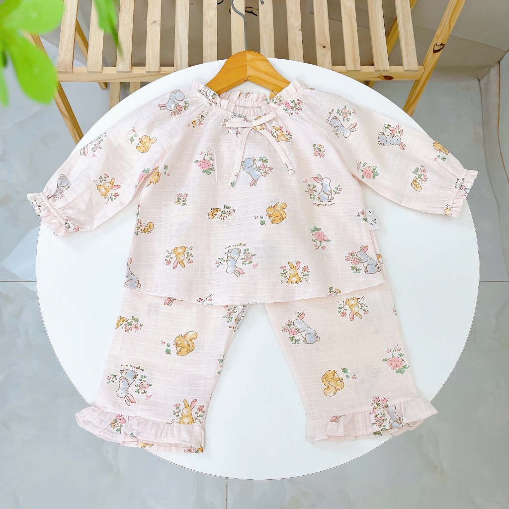 Bộ dài tay bé gái xô cotton Lá Homewear A313, pijama trẻ em gái mặc ngủ thoáng mát babydoll cổ chun