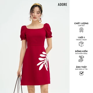 511DR1088 - Đầm mini dáng A đũi đỏ thêu lá kem ADORE DRESS
