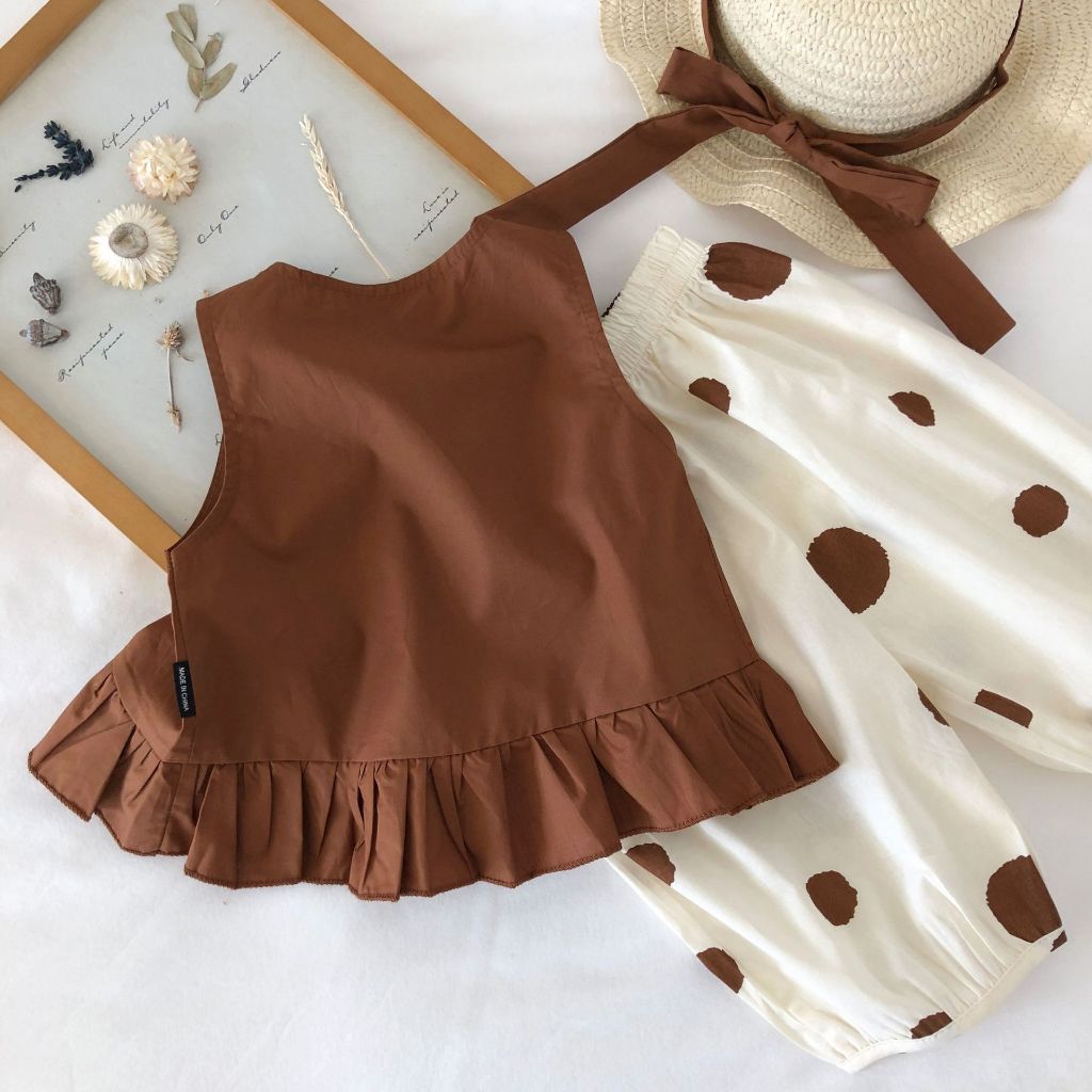 Set Đồ Bé Gái, Bộ Áo Sát Nách  Áo Sơ Mi Búp Bê Phối Quần Ống Rộng Chấm Bi Kèm Mũ Siêu Đáng Yêu
