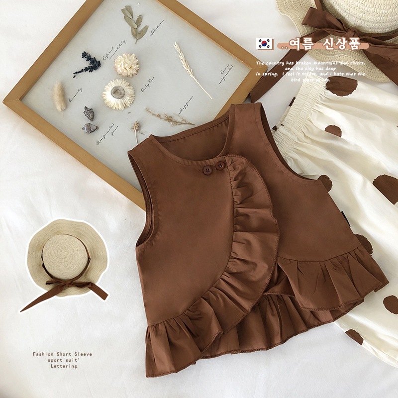 Set Đồ Bé Gái, Bộ Áo Sát Nách  Áo Sơ Mi Búp Bê Phối Quần Ống Rộng Chấm Bi Kèm Mũ Siêu Đáng Yêu