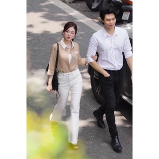 Áo sơ mi LA480 tay dài dáng rộng phối họa tiết kẻ sọc, cổ trắng