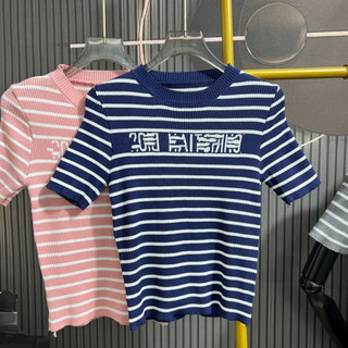 LT - Áo len nữ len tăm cổ tròn cộc tay len dệt kim kẻ sọc ngang fom ôm body 956
