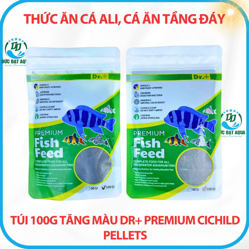 Thức ăn cho cá ali hạt chìm cá ăn tầng đáy túi 100g tăng màu Dr+ Premium Cichild Pellets