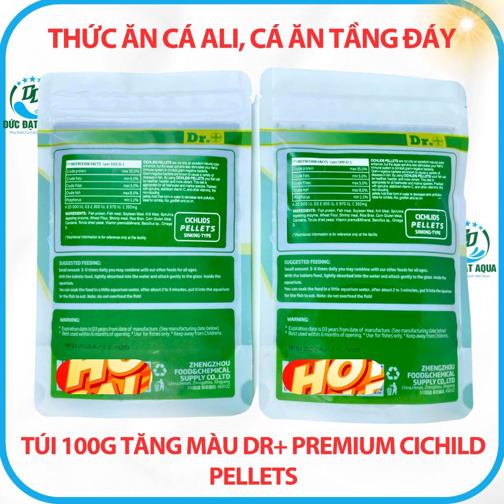 Thức ăn cho cá ali hạt chìm cá ăn tầng đáy túi 100g tăng màu Dr+ Premium Cichild Pellets 4
