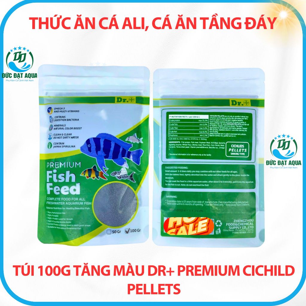 Thức ăn cho cá ali hạt chìm cá ăn tầng đáy túi 100g tăng màu Dr+ Premium Cichild Pellets 5