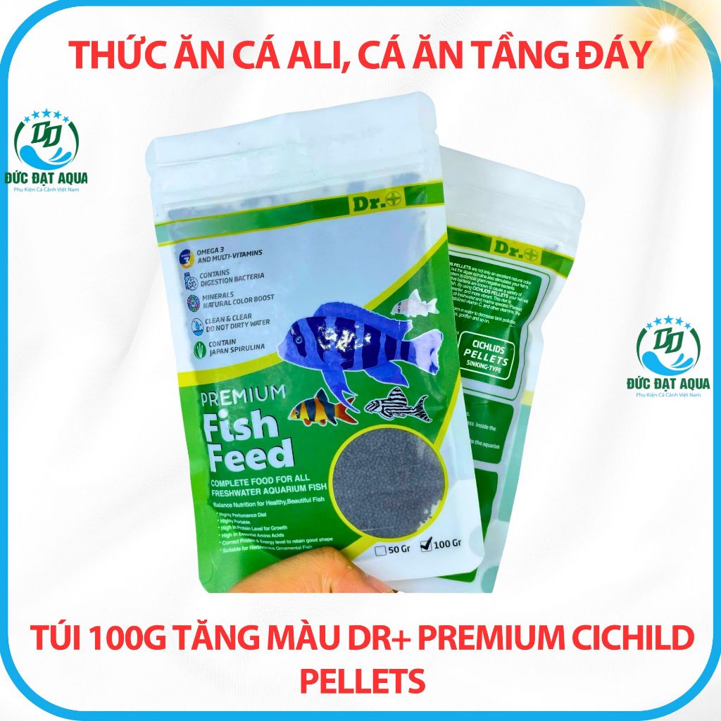 Thức ăn cho cá ali hạt chìm cá ăn tầng đáy túi 100g tăng màu Dr+ Premium Cichild Pellets 9