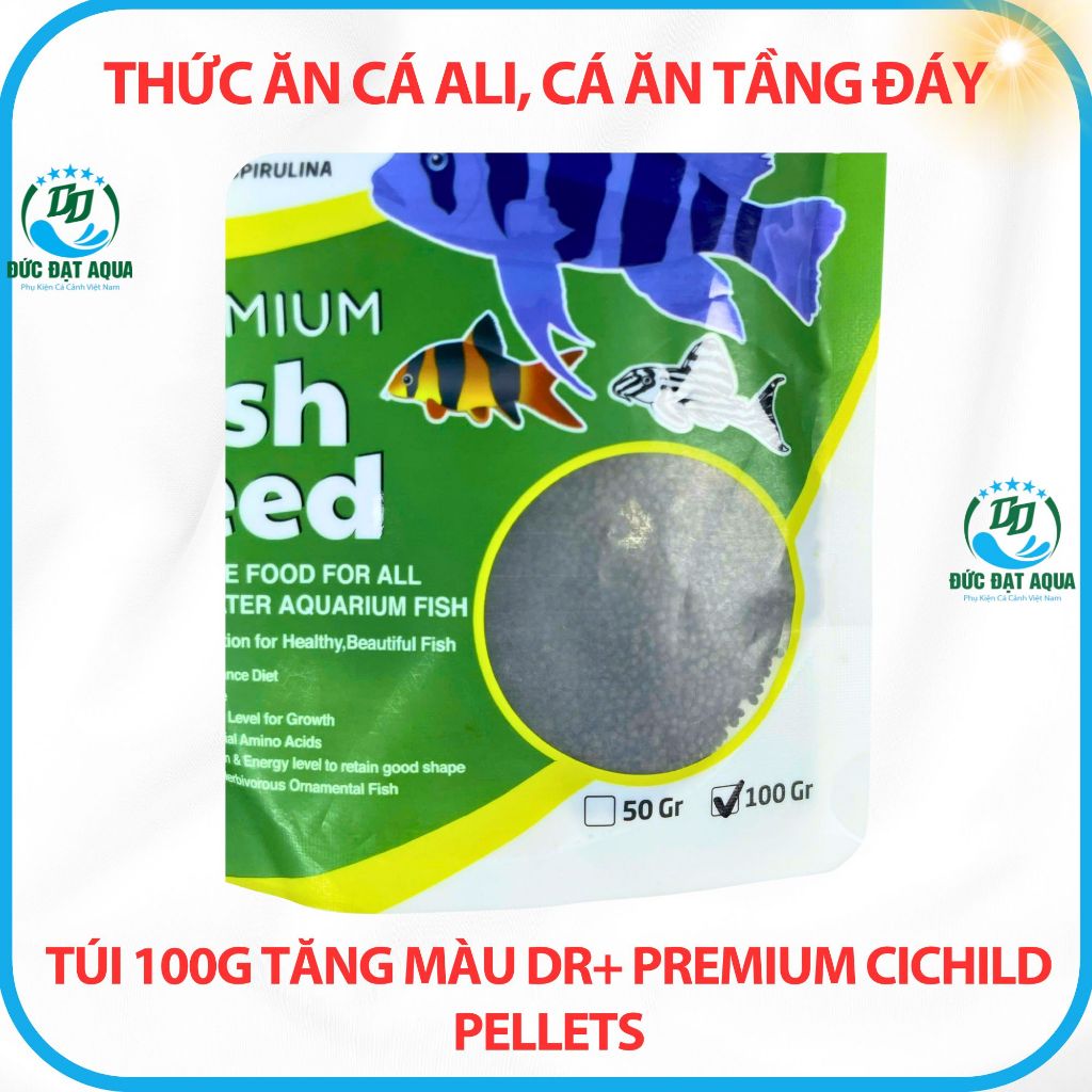 Thức ăn cho cá ali hạt chìm cá ăn tầng đáy túi 100g tăng màu Dr+ Premium Cichild Pellets 8
