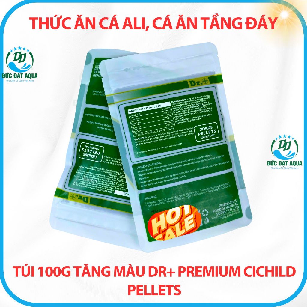 Thức ăn cho cá ali hạt chìm cá ăn tầng đáy túi 100g tăng màu Dr+ Premium Cichild Pellets 6