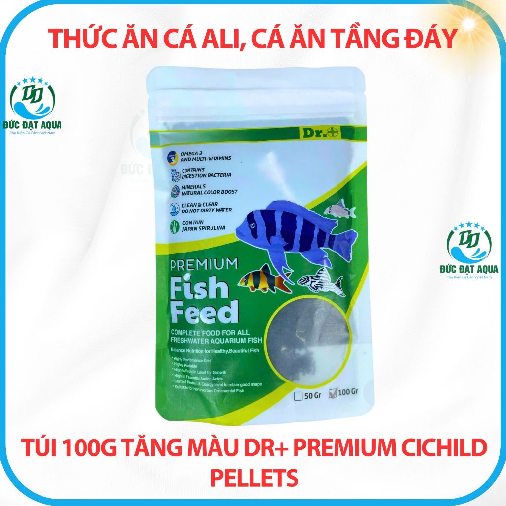 Thức ăn cho cá ali hạt chìm cá ăn tầng đáy túi 100g tăng màu Dr+ Premium Cichild Pellets 2
