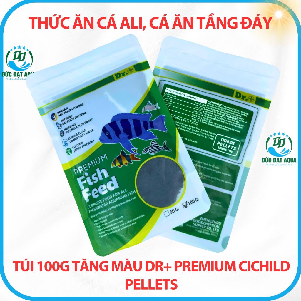 Thức ăn cho cá ali hạt chìm cá ăn tầng đáy túi 100g tăng màu Dr+ Premium Cichild Pellets 7