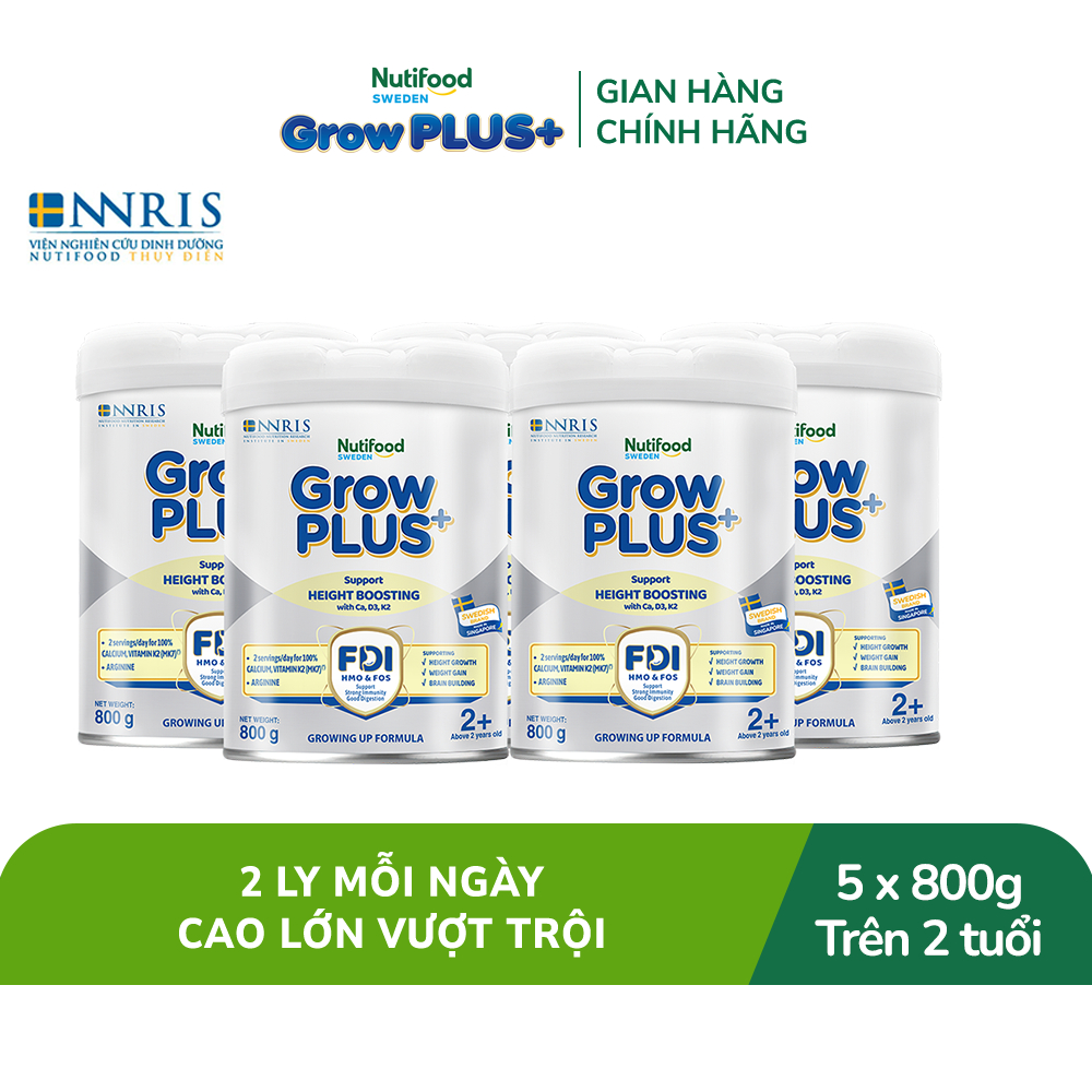 Combo 5 Sữa Bột Nutifood Sweden GrowPLUS+ Cao lớn vượt trội trên 2 tuổi (Bạc) 800g