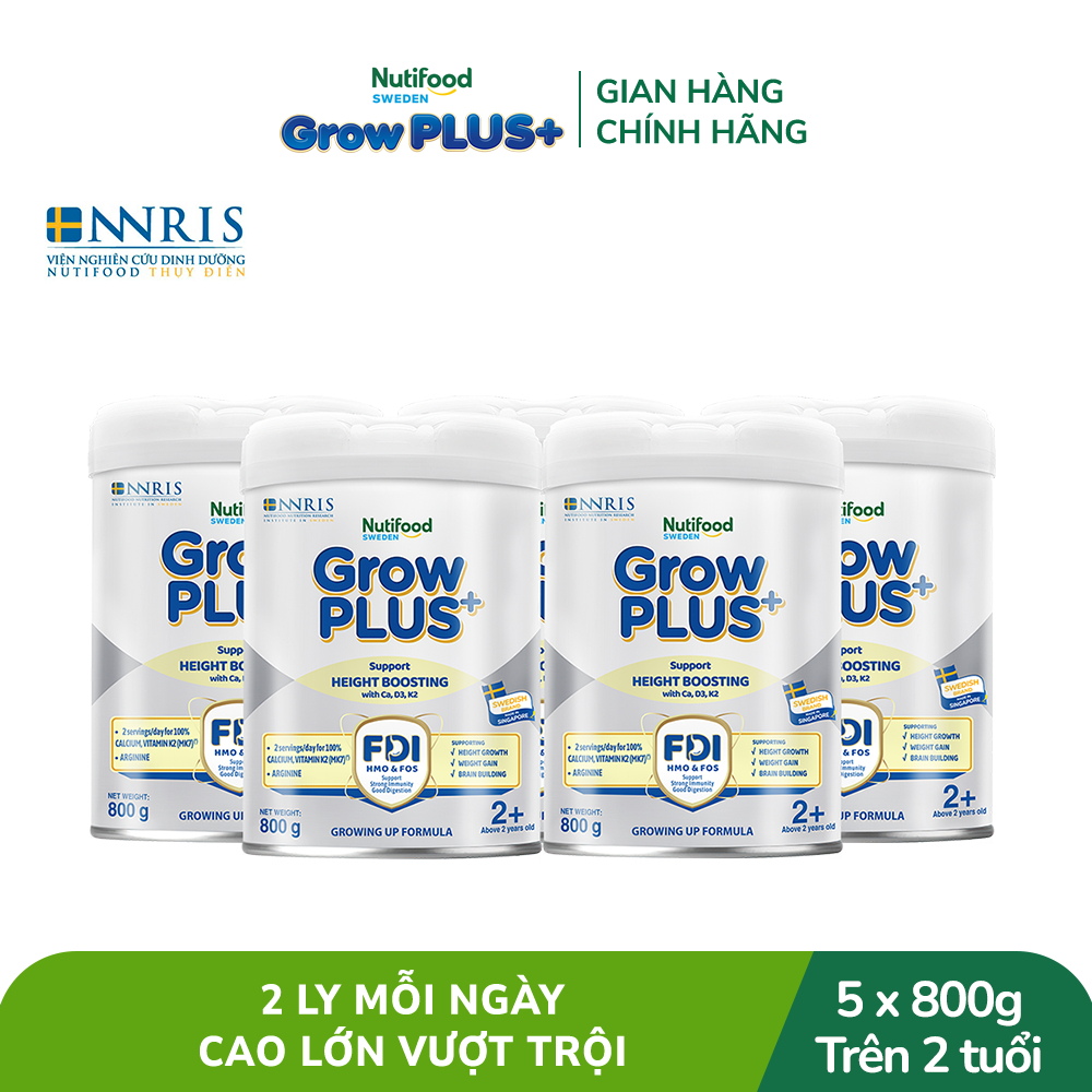 Combo 5 Sữa Bột Nutifood Sweden GrowPLUS+ Cao lớn vượt trội trên 2 tuổi (Bạc) 800g